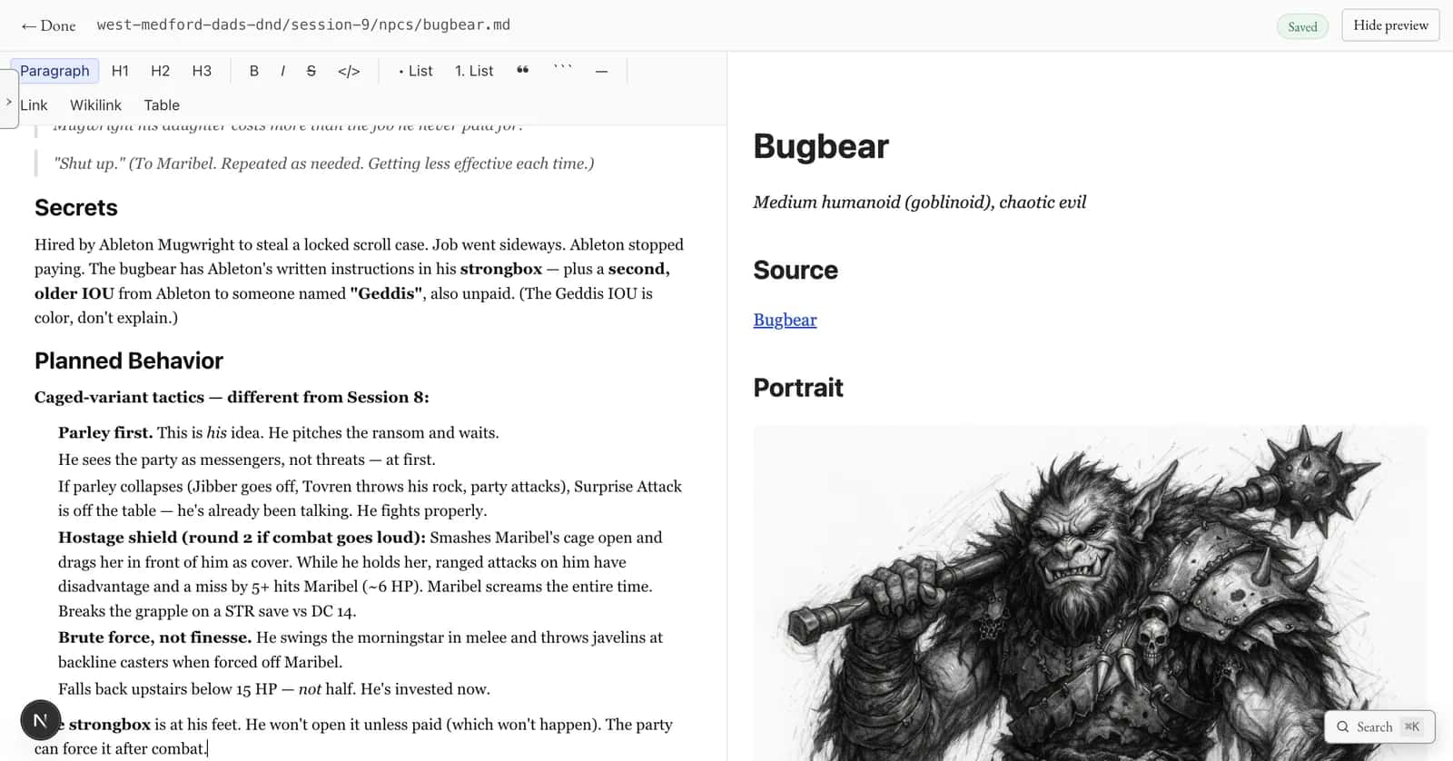 The Session Two editor: markdown for a bugbear NPC on the left, the rendered stat block and portrait beside it.